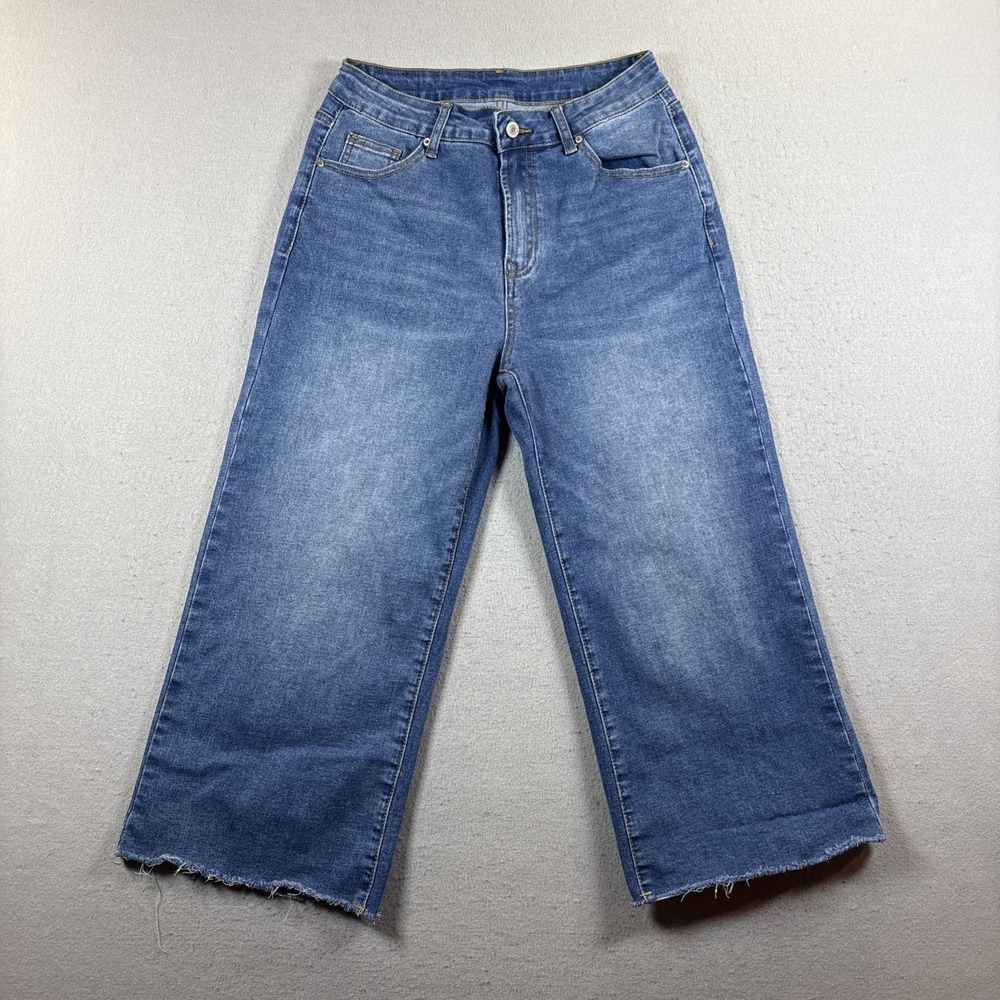 Sidefeel Women's Wide Leg Jeans High Waisted Stretchy Raw Hem Capri Pants 10